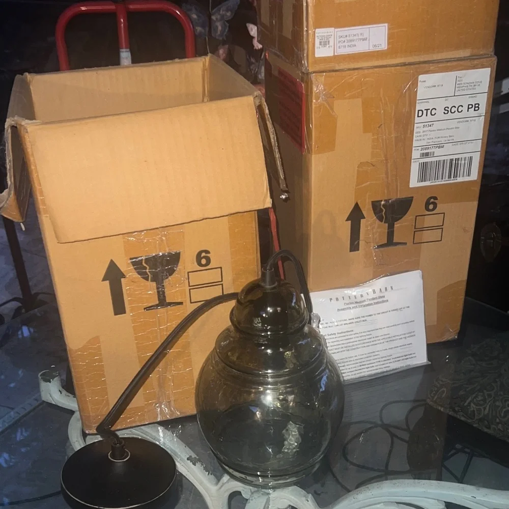 New in Box Pottery Barn Paxton Medium Smoky Glass Pendant Light in Dark Gray